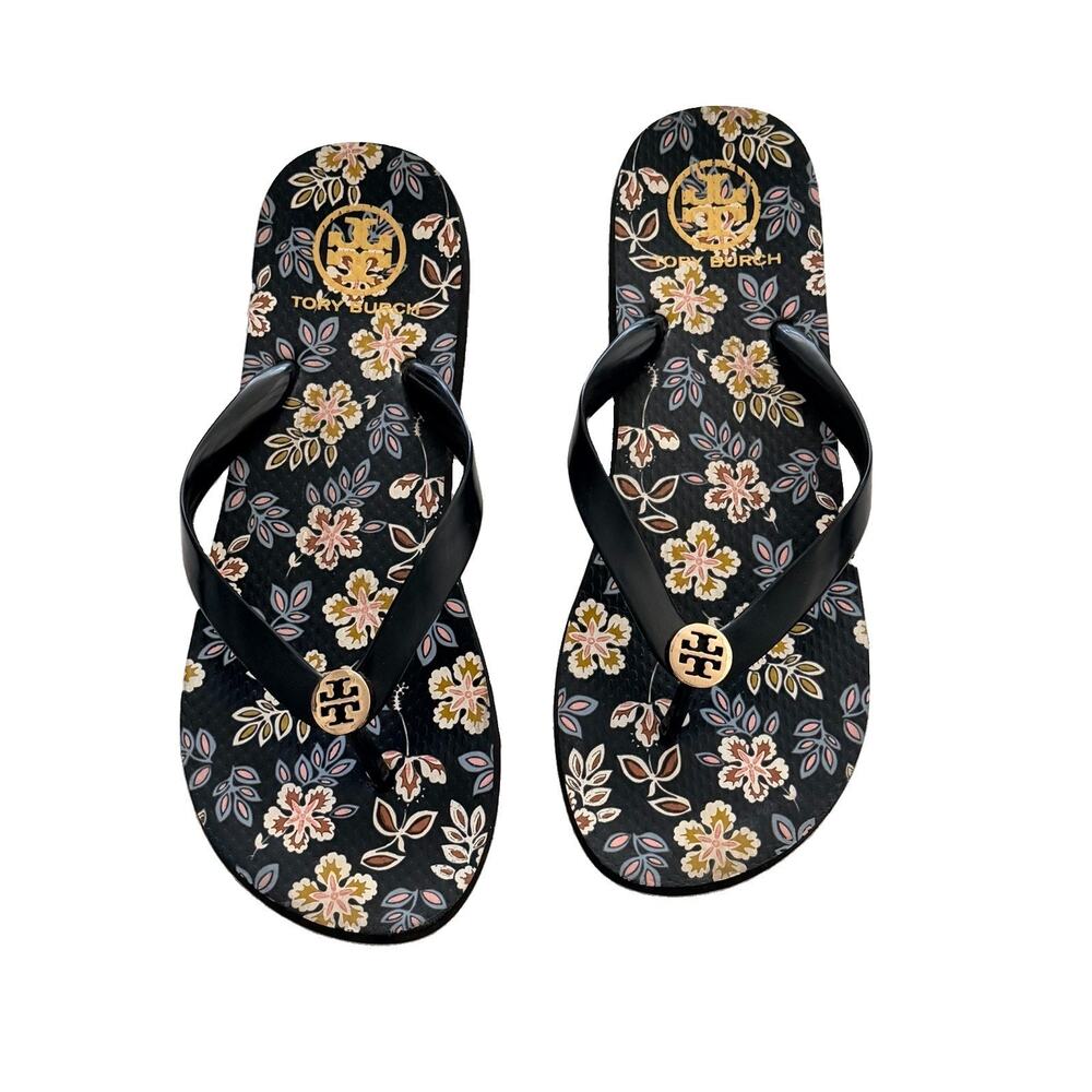 Tory Burch Womens Black Floral Gold Logo Sandals Flip Flops Sz 8